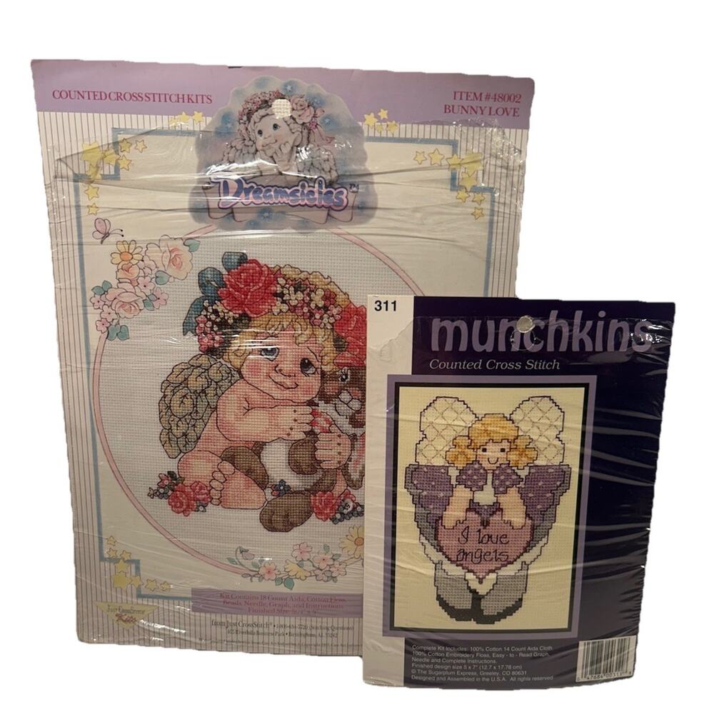 Vtg Dreamsicles & Munchkins 2 Counted Cross Stitch Kit Bunny Love/I‎ Love Angels
